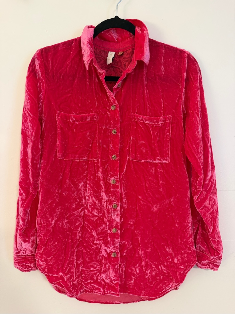 Pilcro Crushed Velvet Button-Down Shirt in Bright Pink